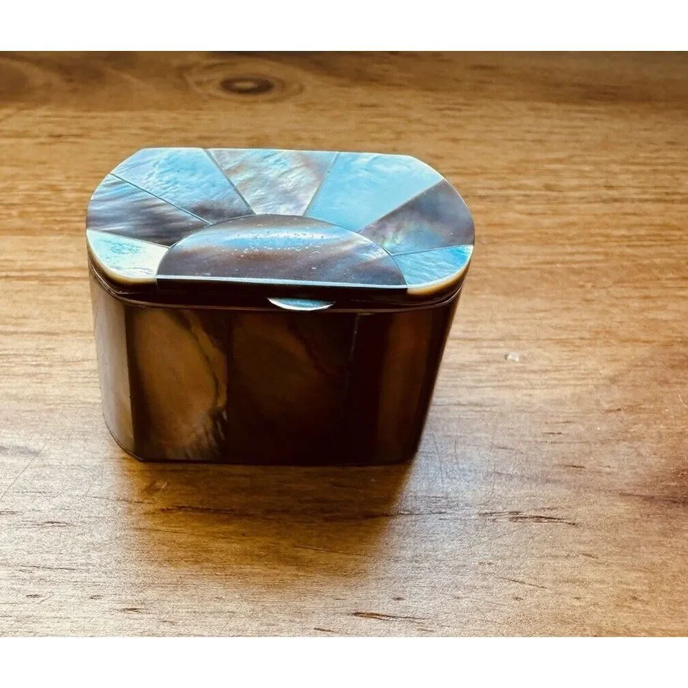 Beautiful Abalone Mother Of Pearl Small Trinket Jewelry Snuff‎ Box Stainless VTG